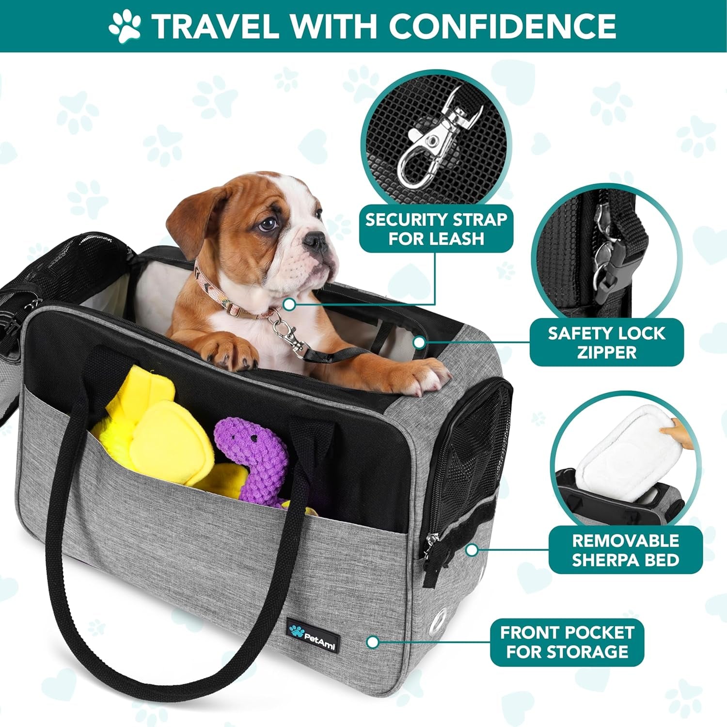 Dog Purse Carrier for Small Dogs Cats, TSA Airline Approved Soft-Sided Pet Carrier with Pockets, Ventilated Travel Tote Bag with Bed & Shoulder Strap, Puppy Kitten, Max 12 Lbs, Heather Grey